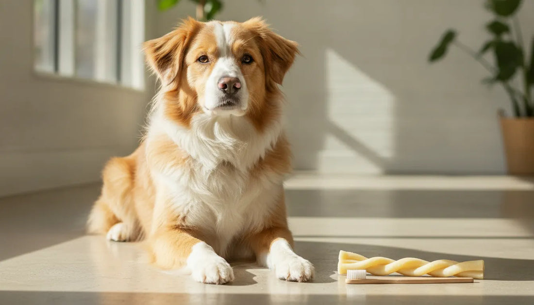 Dog beside a toothbrush and natural single-ingredient chew on a clean surface, premium pet wellness aesthetic
