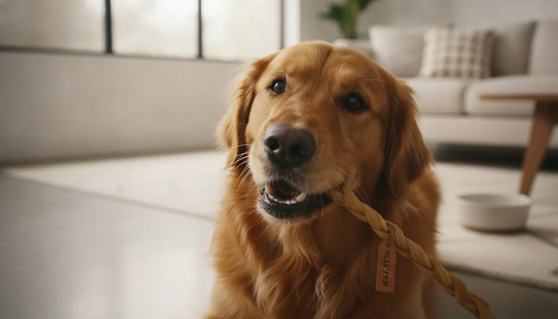 A healthy dog chewing on an all-natural collagen stick in a warm, clean home setting