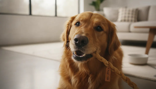 A healthy dog chewing on an all-natural collagen stick in a warm, clean home setting