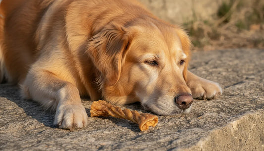 Dog calmly inspecting an air-dried duck neck chew