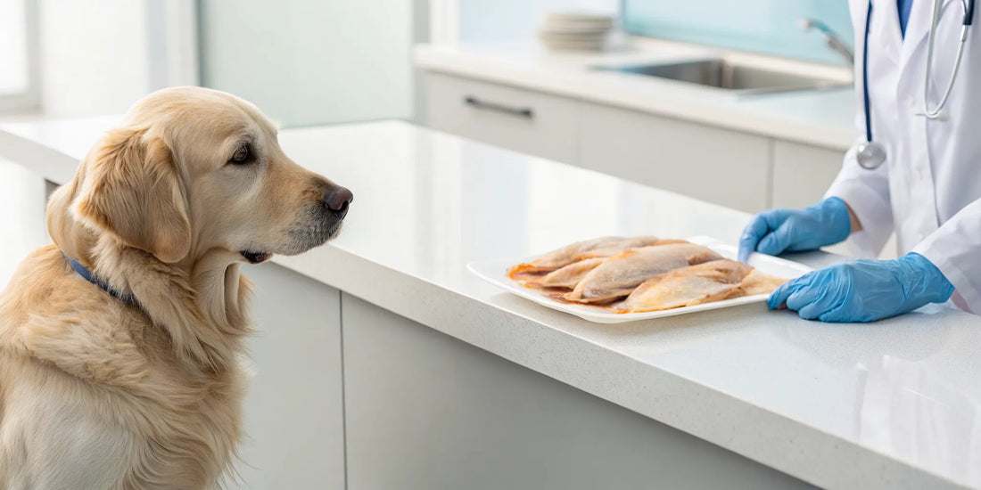 A veterinarian checks if raw duck wings are safe for a dog.