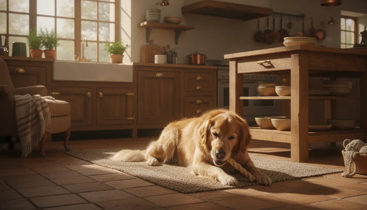 Golden retriever chewing a natural beef collagen stick in a sunlit kitchen