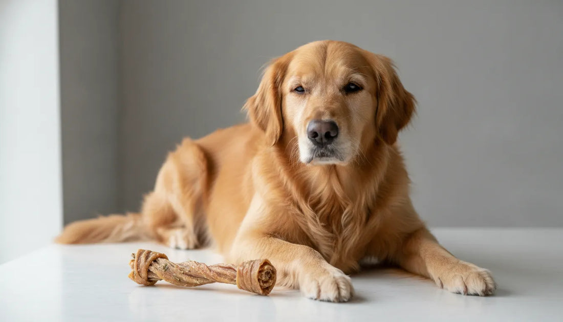 Healthy dog beside a natural whole-food canine dental chew