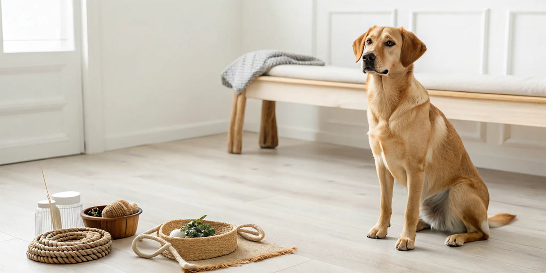 A calm yellow Labrador embodying the natural way to canine wellness.