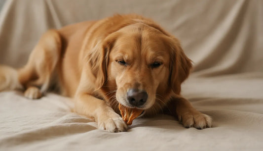 Dog calmly chewing a dehydrated rabbit ear
