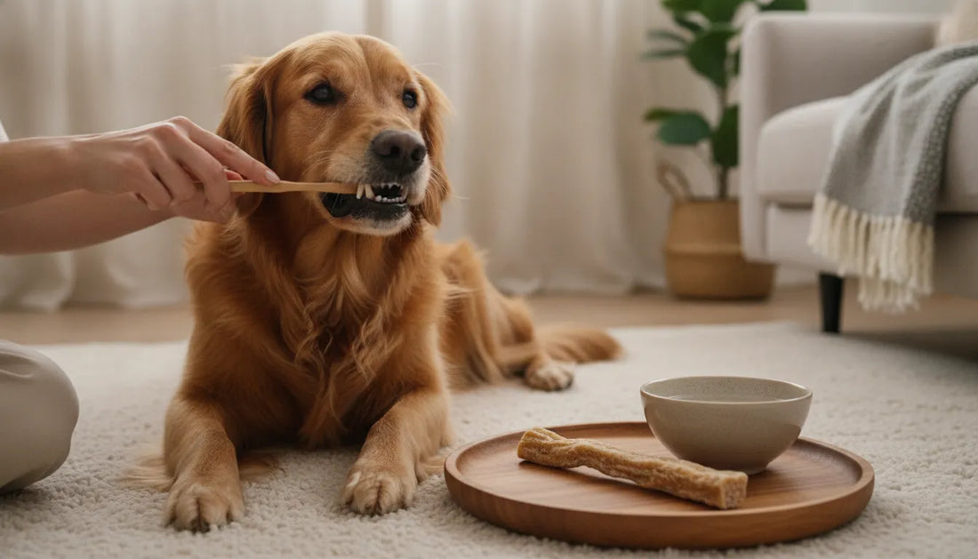 Dog bad breath home remedy routine with brushing and whole-food chewing