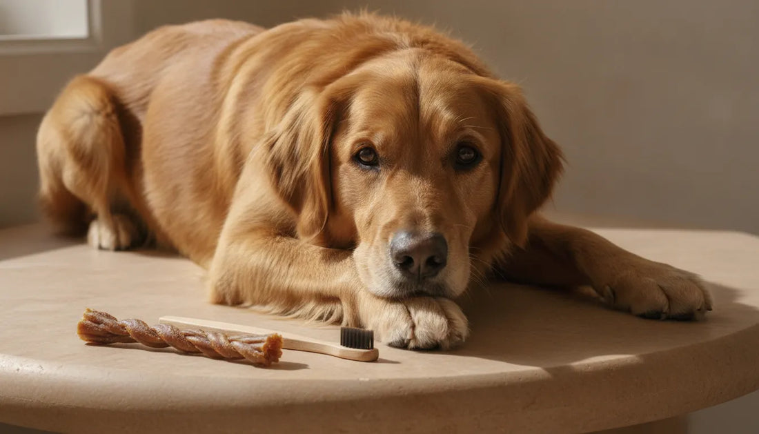 Dog beside dog dental care products for a daily wellness protocol