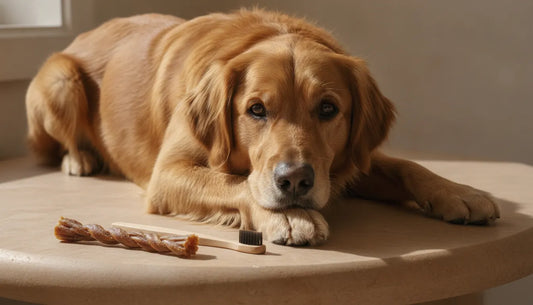Dog beside dog dental care products for a daily wellness protocol