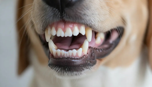 Close-up view of a healthy dog's mouth showing pink firm gums and clean teeth