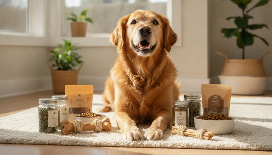 Happy senior golden retriever with clean teeth in sunlit home with natural wellness products