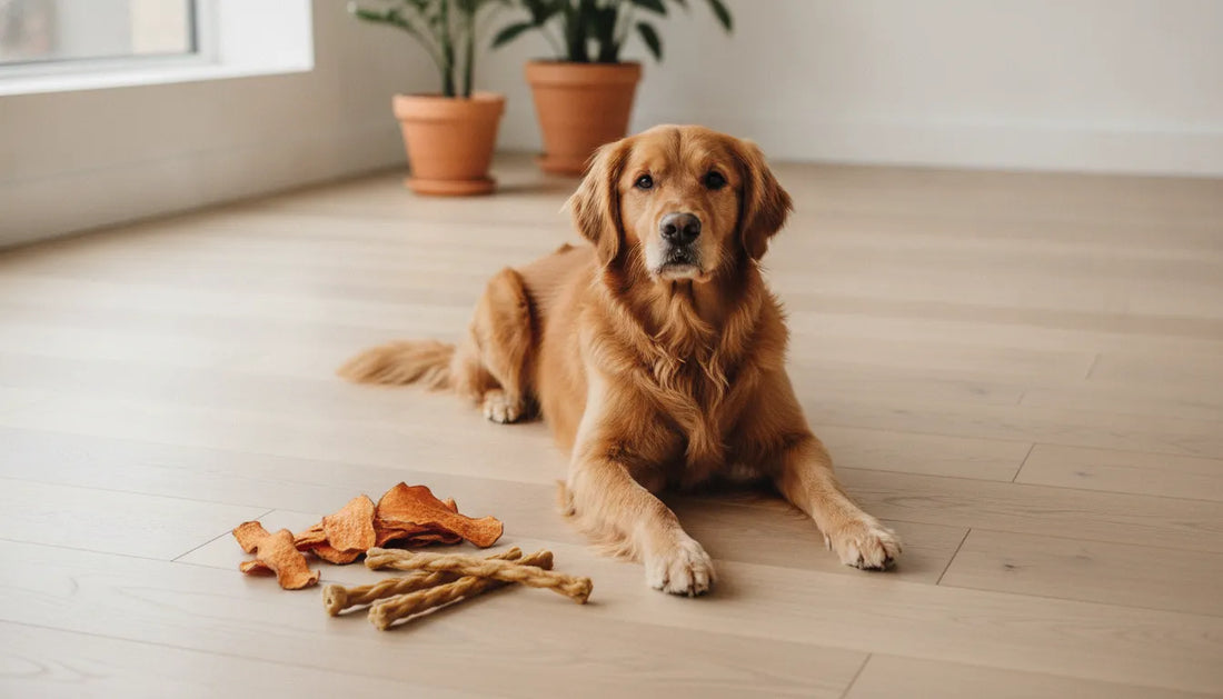 Golden retriever beside single-ingredient dog chews on a wood floor, natural daylight, premium pet wellness aesthetic
