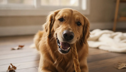 Close up of a happy golden retriever chewing a natural single-ingredient dog chew