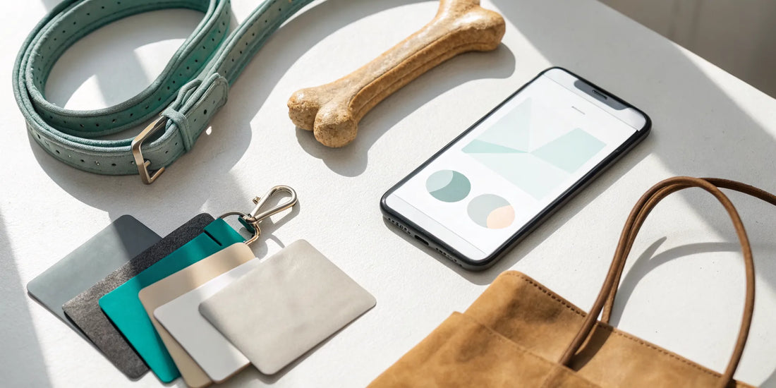 A smartphone displaying a Dog Plus Bone coupon next to a dog bone and leash.