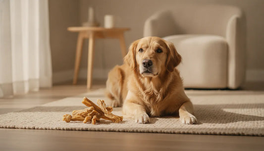 Dog beside natural dried rabbit ear chews