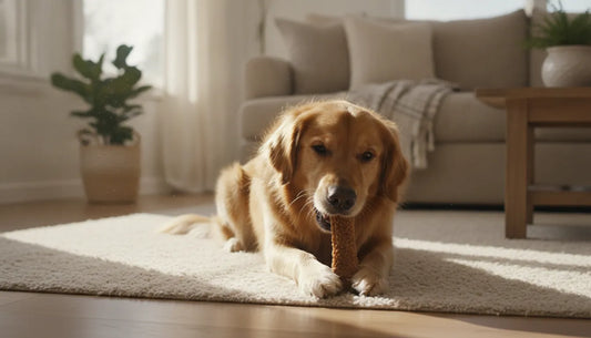 Golden retriever chewing a natural duck chew on a living room floor