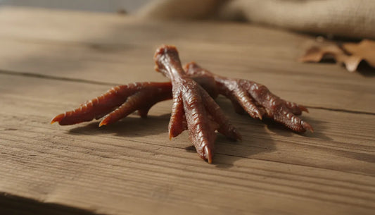 Three dried duck feet dog chews arranged on a wooden surface