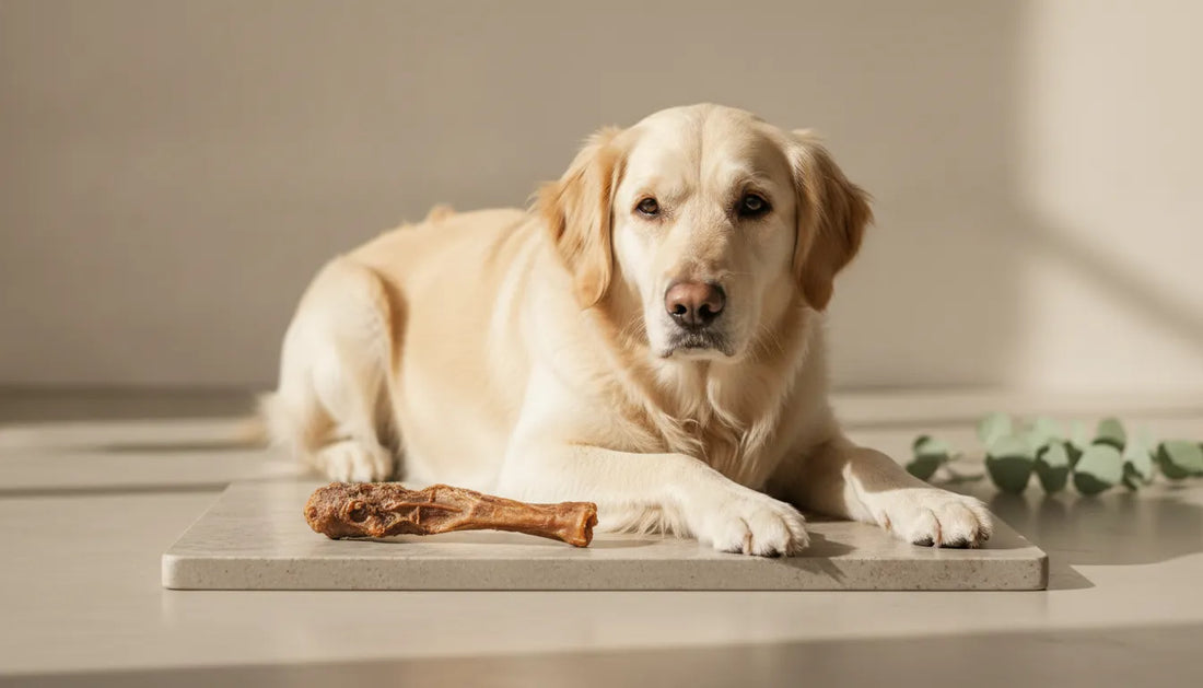Dog beside duck necks for dogs prepared for supervised chewing