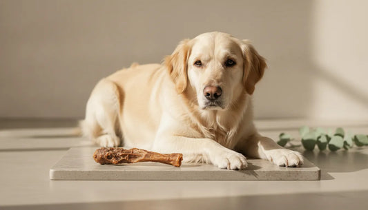 Dog beside duck necks for dogs prepared for supervised chewing