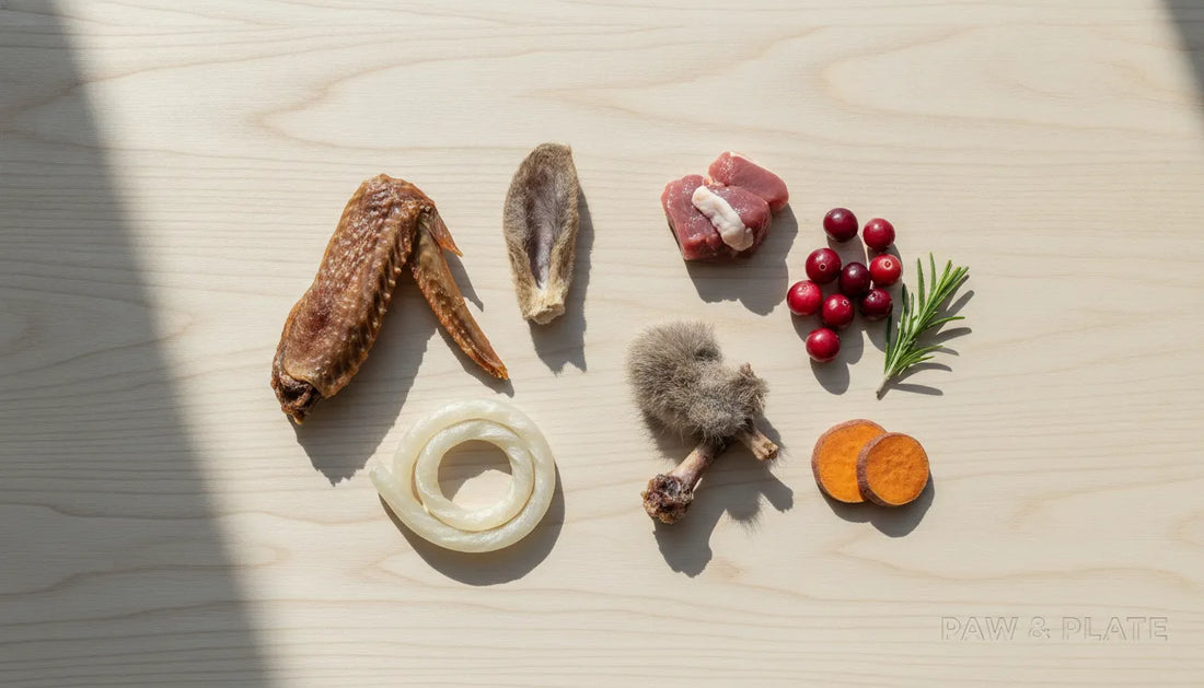 Premium single-ingredient dog chews duck wing rabbit ear and collagen stick arranged on a light wooden surface beside whole-food ingredients minimalist pet wellness photography