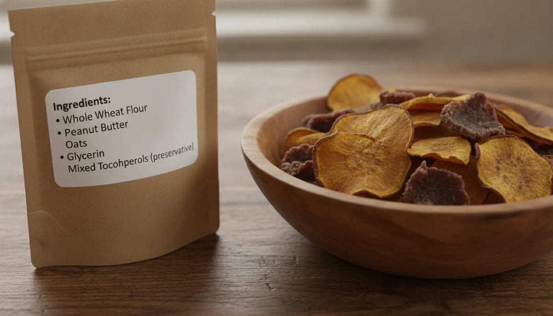 Dog treat ingredient label showing glycerin next to a bowl of single-ingredient natural dog chews