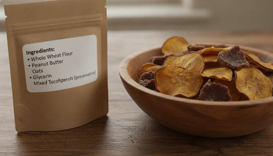 Dog treat ingredient label showing glycerin next to a bowl of single-ingredient natural dog chews