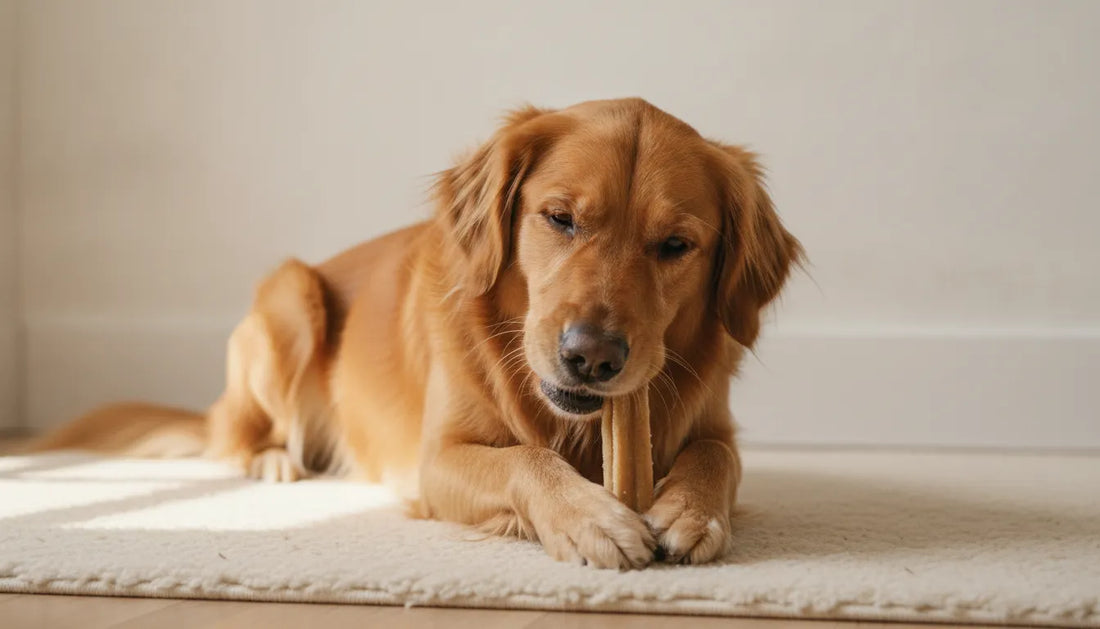 Dog enjoying a natural single-ingredient chew as part of a dental wellness routine