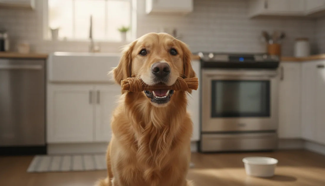 Golden retriever holding a natural single-ingredient dog chew in a bright kitchen setting