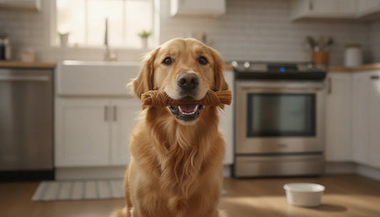 Golden retriever holding a natural single-ingredient dog chew in a bright kitchen setting