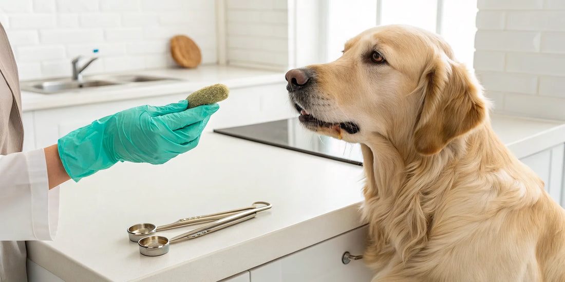 A person gives a dog a safe chewable dental treat.