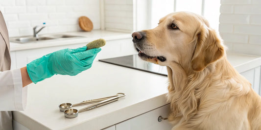 A person gives a dog a safe chewable dental treat.