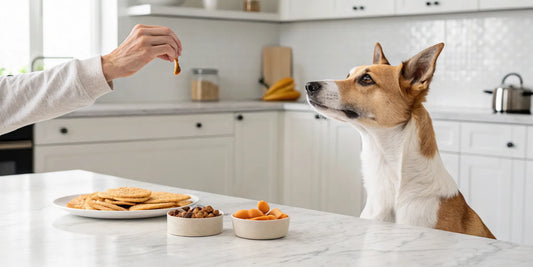 A picky dog choosing from various treats for dogs who don't like treats.
