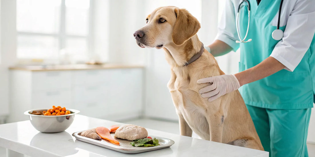 A vet examines a dog for a diet reaction with healthy food options on a table.