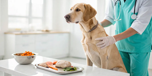 A vet examines a dog for a diet reaction with healthy food options on a table.