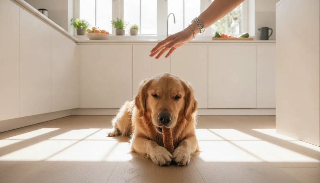 A calm dog chewing a natural single-ingredient chew in a bright kitchen