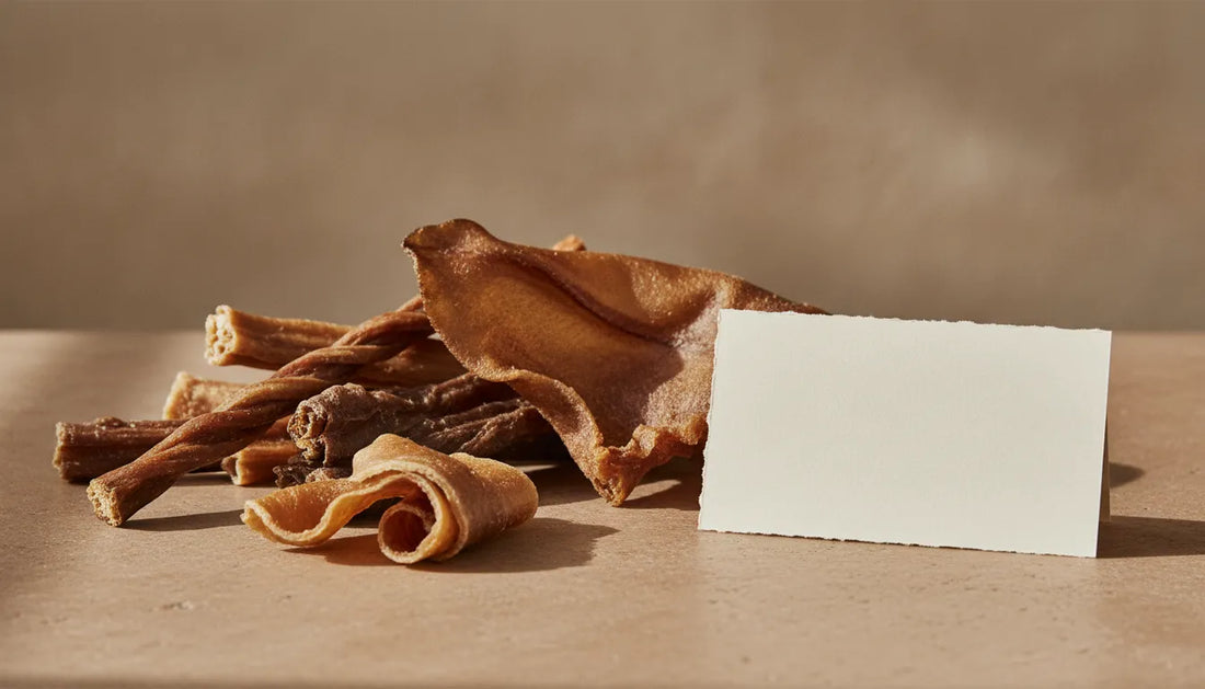 Natural single-ingredient dog chews beside a simple ingredient card