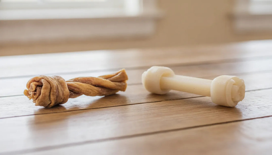 Natural single-ingredient dog chews and rawhide bone on a wooden surface