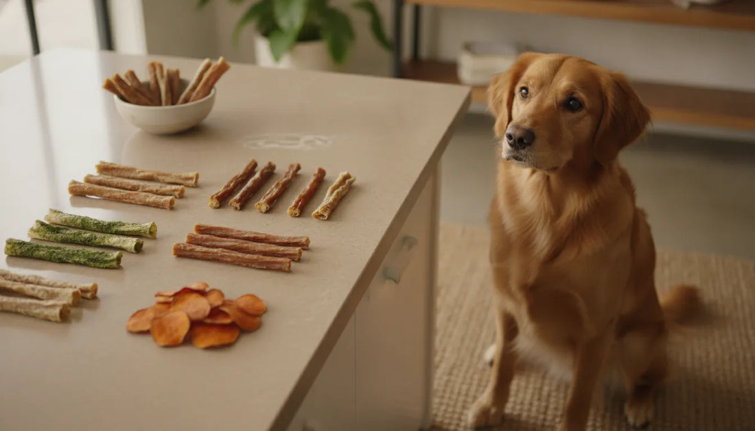 Natural dog chews arranged for a daily dental wellness routine