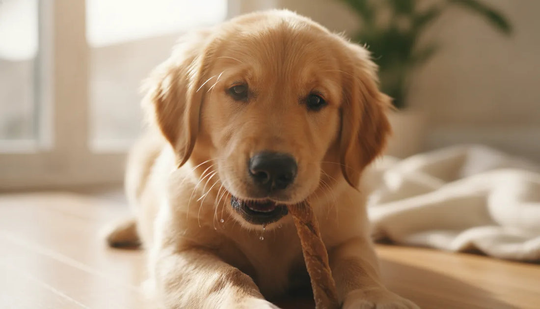 Golden retriever puppy chewing a natural single-ingredient dog chew