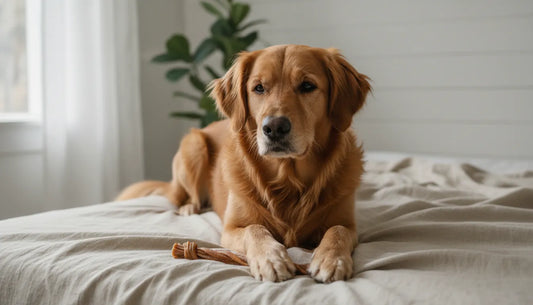 Dog enjoying a natural single-ingredient chew while comparing no hide dog chews