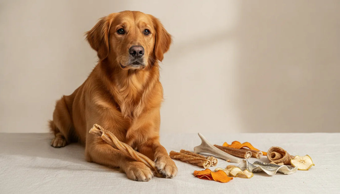 Dog beside a selection of one ingredient dog treats