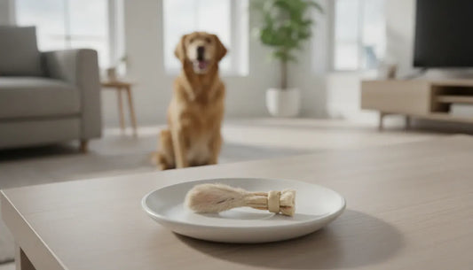 A gently dehydrated furry rabbit ear dog chew placed on a clean minimalist ceramic dish in a bright modern home.