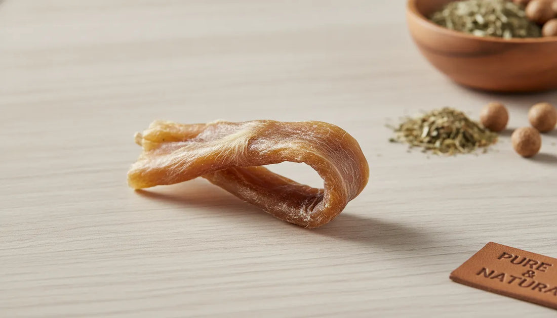 Natural single-ingredient rabbit skin chew for dogs on a wooden surface