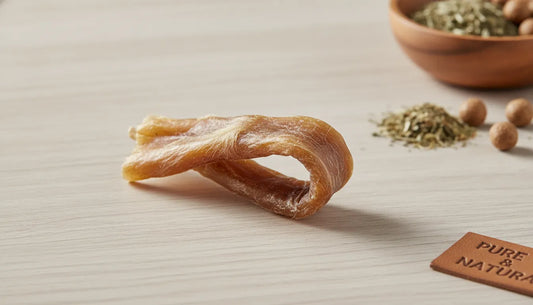 Natural single-ingredient rabbit skin chew for dogs on a wooden surface