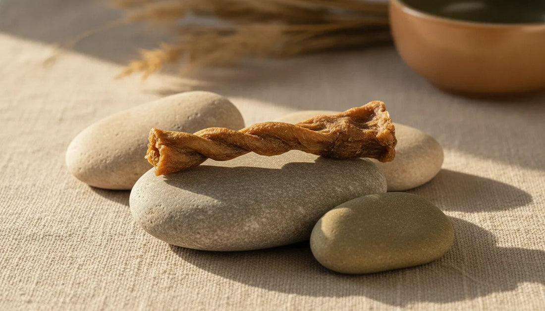 Single duck neck dog chew arranged on a natural stone surface