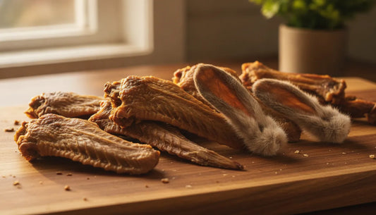 Single-ingredient dog chews arranged on a wooden surface, natural lighting