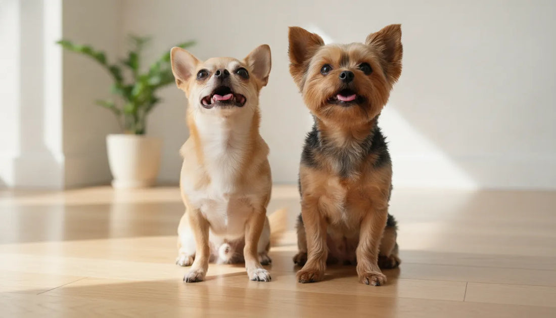 Two small breed dogs sitting together on a clean floor, representing the need for appropriately sized dental care and chews