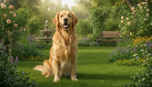 Healthy golden retriever relaxing outdoors, calm and well