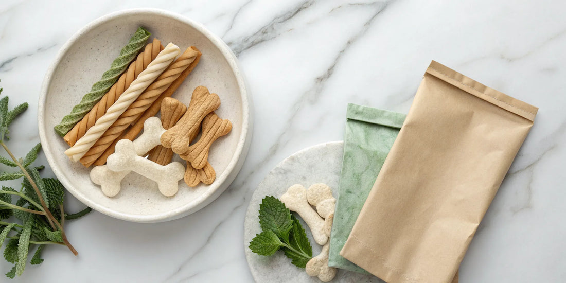 Limited ingredient dog dental chews in assorted shapes and packaging.