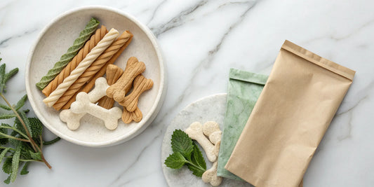 Limited ingredient dog dental chews in assorted shapes and packaging.