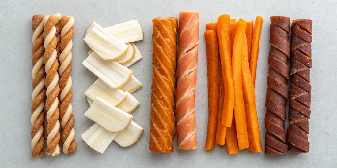 A variety of the best single-ingredient dog chews, including meat, fish, and vegetable types.